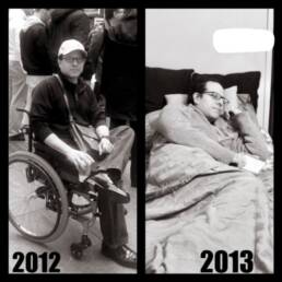 Eduardo Ramos pictured during his healing recovery. On the left he is sitting in his wheelchair in 2012. While on right Eduardo is bedridden during 2013.